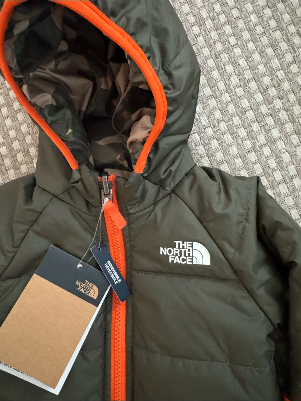 The North Face Olive Green/camo reversible Puffer Jacket with Orange Accents